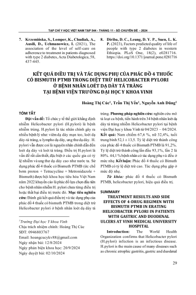Kết quả điều trị và tác dụng phụ của phác đồ 4 thuốc có Bismuth PTMB trong diệt trừ Helicobacter pylori ở bệnh nhân loét dạ dày tá tràng tại Bệnh viện trường Đại học Y khoa Vinh