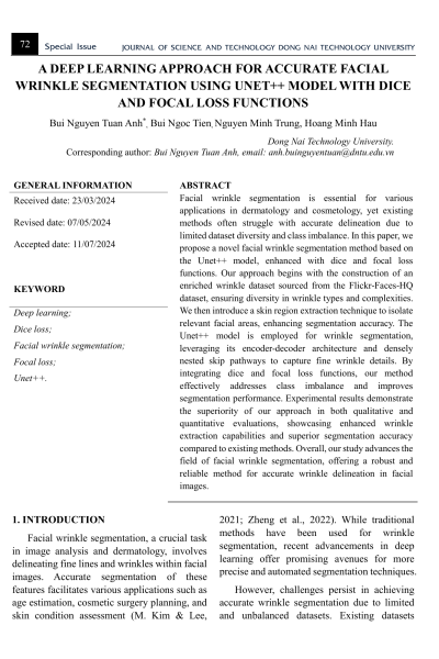 Một phương pháp học sâu để phân đoạn nếp nhăn trên khuôn mặt chính xác bằng mô hình unet++ với các chức năng xúc xắc và mất tiêu điểm