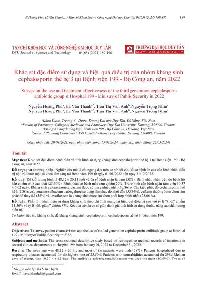 Khảo sát đặc điểm sử dụng và hiệu quả điều trị của nhóm kháng sinh cephalosporin thế hệ 3 tại Bệnh viện 199 - Bộ Công an, năm 2022