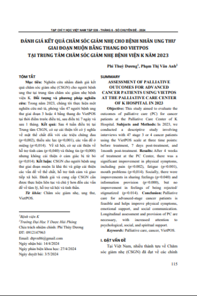 Đánh giá kết quả chăm sóc giảm nhẹ cho bệnh nhân ung thư giai đoạn muộn bằng thang đo VietPOS tại Trung tâm Chăm sóc giảm nhẹ Bệnh viện K năm 2023