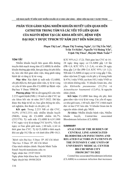 Phân tích gánh nặng nhiễm khuẩn huyết liên quan đến catheter trung tâm và các yếu tố liên quan của người bệnh tại các Khoa Hồi sức, Bệnh viện Đại học Y Dược TPHCM từ năm 2017 đến năm 2022