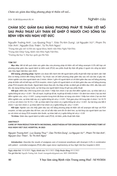 Chăm sóc giảm đau bằng gây tê vết mổ sau phẫu thuật cắt thận hiến tặng tại Bệnh viện Hữu Nghị Việt Đức năm 2023