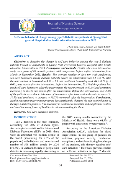 Self-care behavioral change among type 2 diabetic out-patients at Quang Ninh general Hospital after health education intervention in 2023